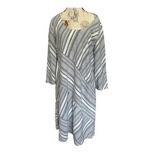 Soft Surroundings Sonya Linen Midi Dress Sz L Pockets Blue White Coastal Pockets